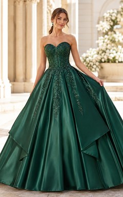 Strapless Dark Green Satin Layered Ball Gown Luxury Quinceanera Dress