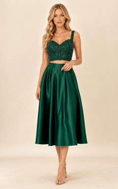 Emerald Two Piece Homecoming Set with Beaded Crop Bodice Strappy Neckline Satin Midi Skirt and A-Line Shape