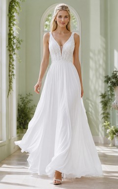 Weißes, tief ausgeschnittenes Chiffon-Abendkleid in A-Linie mit tiefem V-Ausschnitt und tiefem Rückenausschnitt – romantisch für den Garten