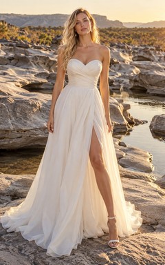 Strapless Sweetheart Organza Wedding Dress with Wrapped Bodice and Split A-Line Sweep Train