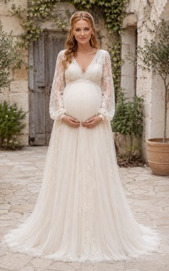 Boho-Umstandsbrautkleid mit langen Spitzenärmeln und V-Ausschnitt