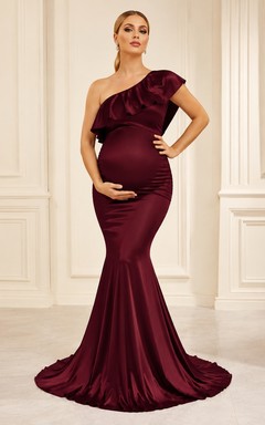Burgundy One-Shoulder Sleeveless Velvet Empire-Waist Maternity Mermaid Gown