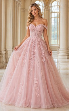 Vestido de quinceañera largo hasta el suelo, color rosa empolvado, con escote corazón, apliques de encaje, pedrería, cierre de cordones y espalda tipo corsé.