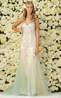Muti-Color Sheath Floor-Length Spaghetti Sleeveless Tulle Dress With Beading
