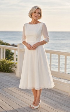 Preiswertes, schlichtes, lässiges Brautkleid mit U-Boot-Ausschnitt, Dreiviertelärmeln, A-Linie und Teelänge