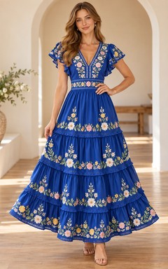 Cumbia Royal Blue V Neck Daisy Embroidered Tiered Folk Dress