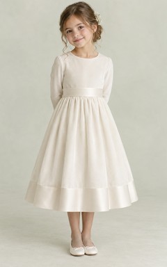 Modest Long Sleeve Ivory Tea-length Broad Waist Satin Hem Velvet Flower Girl Dress