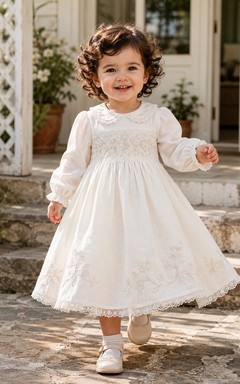 Long Sleeve Lace Baby Christening A-Line Tea-Length Bow Back Dress