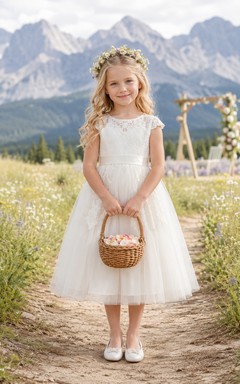 Vestido de niña de flores color marfil, largo hasta la rodilla, encaje, tul, corte en A, escote redondo, manga corta, cremallera transparente en la espalda, fajín de satén.