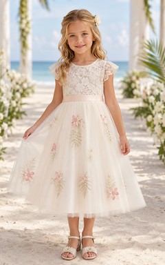 Vestido bohemio elegante para niña de las flores, cuello joya, manga corta, tul, largo midi, apliques botánicos.