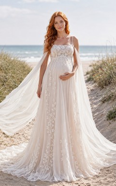 Robe de mariée de maternité en tulle dentelle à col carré, bretelles et longue traîne