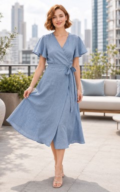 Dusty Blue Linen Wrap Flutter Sleeve Midi Dress