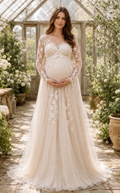 Vestido de novia premamá con cuello alto, efecto ilusión, manga larga, encaje, estilo jardín, con cola.