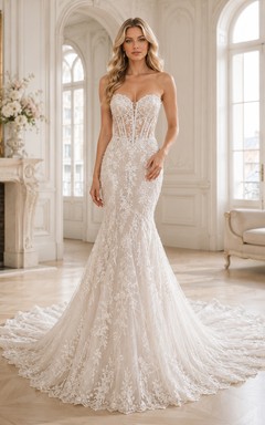 Robe de mariée sirène bustier en dentelle épurée, décolleté cœur, traîne chapelle, ornée d'appliques, style jardin.