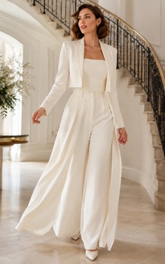 Traje de novia moderno de tres piezas con chaqueta corta y pernera ancha.