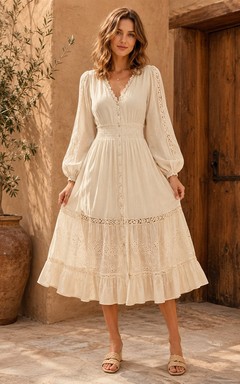 Cream V-Neck Long Poet Sleeve Lace Ruffle A-Line Tea-Length Bohemian Dress
