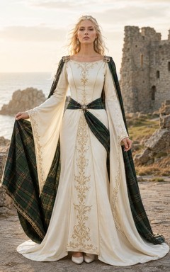 Mittelalterliches schottisches Tartan-Cape-Hochzeitskleid mit langen Glockenärmeln, eckigem Ausschnitt und Stickerei in A-Linie