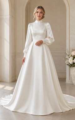 Modest Satin Wedding Dress A-Line High Neck Long Sleeve Court Train Bridal Gown