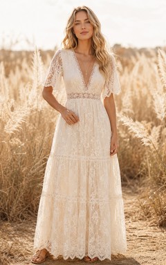 Bohemian Lace Short Sleeve V-Neck A-Line Sweep Train Romantic Bridal Dress
