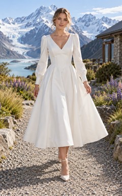 Schlichtes, teelanges Brautkleid mit V-Ausschnitt, langen Ärmeln, A-Linie und natürlicher Taille