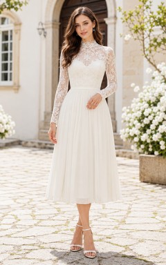 Modest Halter High Neck Long Illusion Lace Sleeve Tea Length Wedding Dress