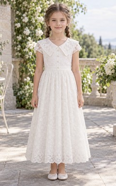 White Floral Pointed Collar Cap Sleeve Ankle-length A-Line Gathered Lace Pearl Button Waist Flowergirl Dress