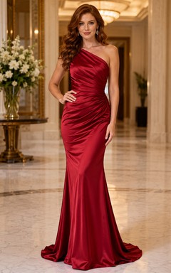 Vestido de sirena de satén fruncido de un solo hombro rojo