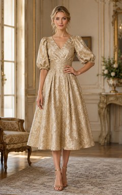 Robe de soirée élégante en brocart métallisé doré à col V et manches bouffantes