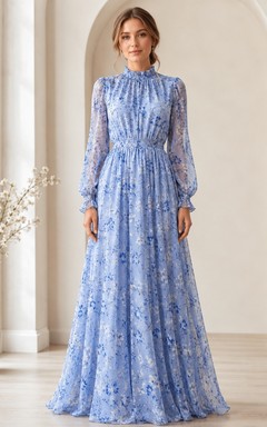 Blue Floral Chiffon High Neck Long Sleeve Floor-Length A-Line Dress