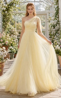 Yellow One Shoulder Tulle Greenhouse A Line Bridal Gown