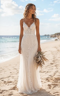 Beach Mermaid Lace Wedding Dress with Spaghetti Straps and Low Back Train