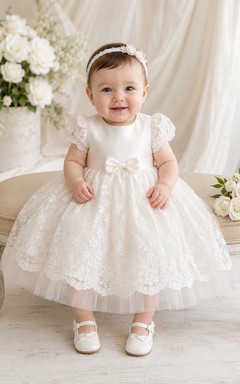 Baby Baptism Christening Ceremony Dress A-Line Tea-Length Jewel Neck Puff Sleeve Tulle Lace Bow Back Button Back