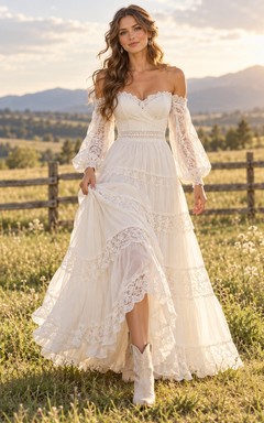 Boho Country High-low Bell Sleeve Off Shoulder Tiered Lace Wedding Dress