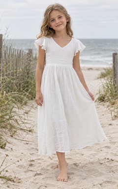 Simple Tea-length White Beach V-neck Flutter Sleeve Linen Flower Girl Dress
