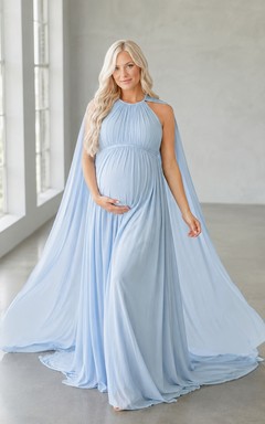 Maternity Empire High Neck Chiffon Cape Sweep Train Photoshoot Gown