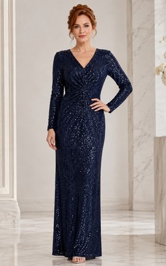 Dark Navy Sequin V-Neck Long-Sleeve Sheath Floor-Length Evening Dress