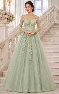 Vestido de noche largo hasta el suelo, sin mangas, de encaje y tul, estilo romántico y romántico, color verde salvia.