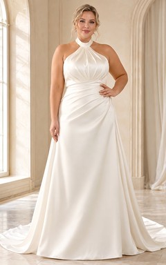 Vestido de novia formal sencillo con escote halter y corte en A, talla grande.