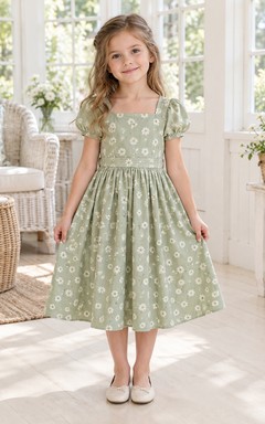 Square Neck Tea-length Sage Floral Puff Sleeve Bow Cotton Flower Girl Dress