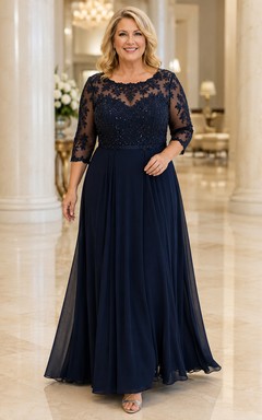 MOB Dress Dark Navy Chiffon Lace A-Line 3/4 Sleeve Bateau Neck Floor Length