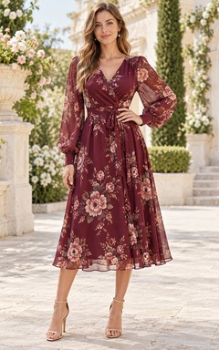 Vestido de fiesta de gasa de manga larga con escote en V y estampado floral burdeos, corte en A, ideal para invitadas.
