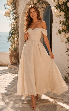 Summer Off-Shoulder Tea-Length Coastal Village Elopement Bridal Dress