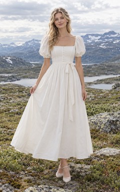 Vestido de novia de popelina de algodón, largo hasta la rodilla, escote cuadrado, corte en A, mangas abullonadas y fajín.