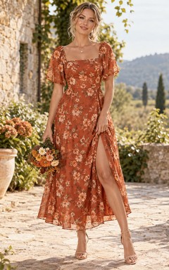 Vestido de gasa de manga corta con escote cuadrado y abertura, estampado floral color caqui, largo hasta la rodilla.