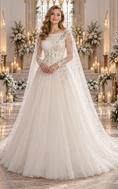 Vestido de novia de manga larga con escote barco, falda plisada de tul y encaje, capa