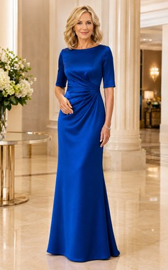 Königsblaues Satin-Mutterkleid mit halben Ärmeln und seitlicher Raffung