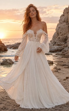 Boho Off Shoulder Bell Sleeve A-Line Wedding Dress For Beach