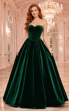 Smaragdgrünes, trägerloses Ballkleid aus Samt mit herzförmigem Dekolleté und weitem Rock