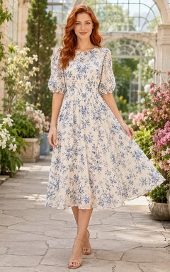Weiß-blaues Chiffonkleid mit Blumenmuster, eckigem Ausschnitt, Dreiviertelärmeln und Teelänge in A-Linie