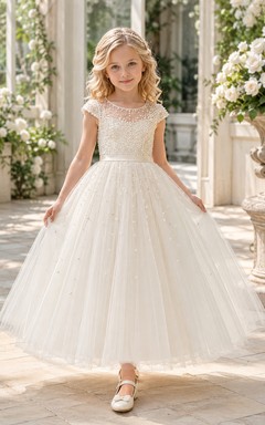 Flower Girl Dress Ivory Lace Tulle A-Line Jewel Neck Tea Length